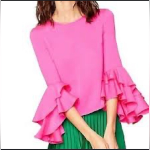 MILLY Pink Silk Crew-Neck Bell Sleeves Blouse ruffle fall casual boho designer - Picture 1 of 6